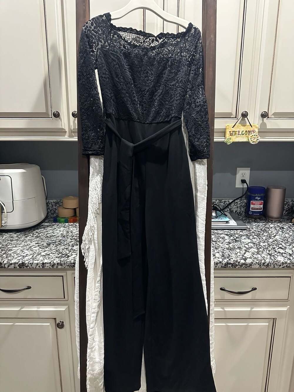 ChicMe Off Shoulder Lace Trim Long Sleeve Belted Straight Leg Jumpsuit Black